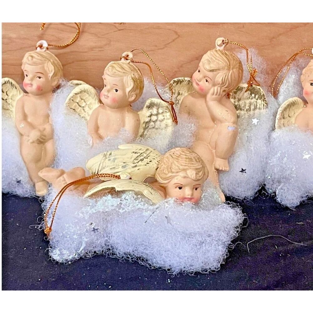 Vintage Cherub Angel Ornaments Set of 6 Gold Wings Christmas Decor